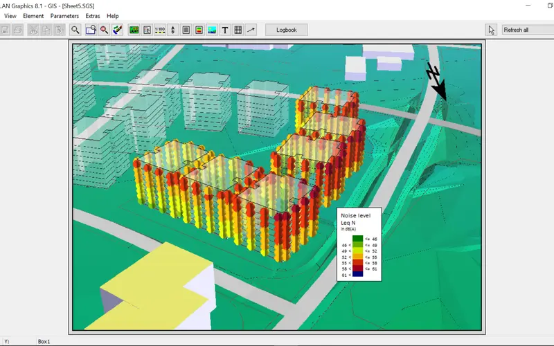 מפת רעש סביבתי מכביש עם מחסום אקוסטי — מודל SoundPlan