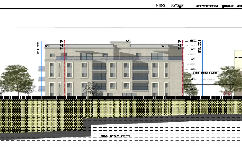 חזית בניין מגורים עם סימוני זיגוג אקוסטי — פסגת זאב