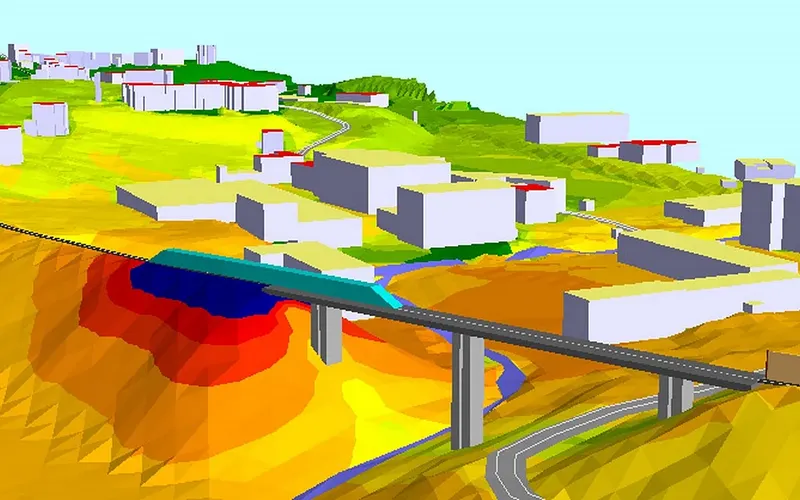 מודל SoundPlan תלת-ממדי — מפת רעש סביבתי עם גשר וכביש