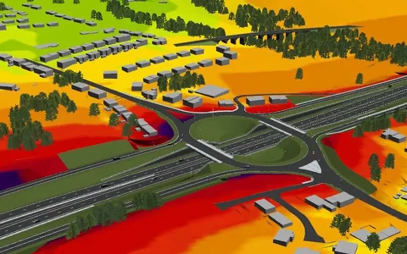 מודל SoundPlan תלת-ממדי — מפת חום רעש ממחלף כבישים